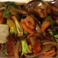 Pork & Shrimp Hunan Style · Spicy. Our chef's special sautéed baby shrimp with no chili sauce on one side and shredded p...