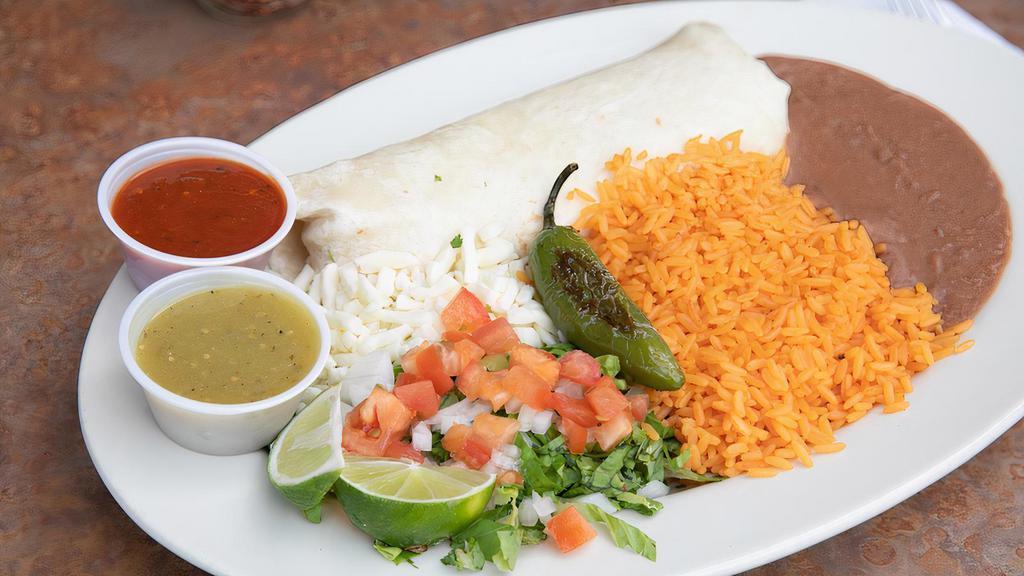 Burrito Plate · Soft flour tortilla taco accompanied with rice, beans, and salad.