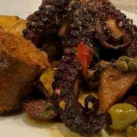 Spanish Octopus · tender grilled with chorizo, potato, peppers, capers, jalapeno crema