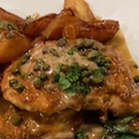Chicken Limone · francese style , sautéed with capers, garlic lemon white wine, roasted spinach and herb pota...
