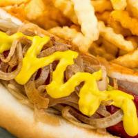 Polish Sausage · Grilled onions, mustard, pickle, sport peppers, 100% beef polish, and served with fries.