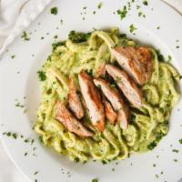 Chicken Creamy Pesto · The Sauce of the Italian Riviera! Fresh Garlic-Basil sauce and rich cream topped with all na...