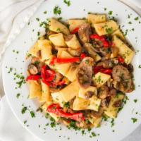 Sausage & Peppers Pasta · Carfagna’s famous Italian Festival sausage, sliced and sautéed in olive oil with sweet roast...