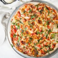 Margherita Pizza (Sm) · Medallions of silky fresh Mozzarella, diced roma tomatoes, garlic oil, marinara, and fresh b...