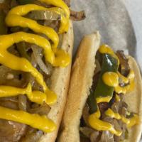 Bratwurst  · Grilled Bratwurst topped w/sautéed peppers & onions and mustard.