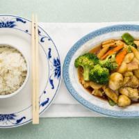 Empress Chicken · Spicy. Chicken with mixed vegetable in house special light sauce.(peapod, broccoli, mushroom...