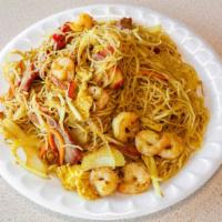 Singapore Noodles · Spicy. Rice noodles stir-fried with shrimp, roasted pork, onions, bean sprouts and egg in sp...