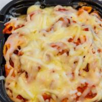 Cheesy Mostaccioli · Penne pasta tossed with ground beef and Italian sausage seasoned pizza sauce and mozzarella ...