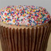 Birthday Cake · Vanilla bean cake topped with buttercream frosting topped and rolled in sprinkles.