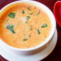 Tom Kha  (Small) · A favorite thai soup, made with lemon grass, galanga, lime leaves, onions, mushrooms, cilant...