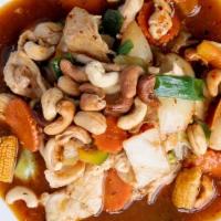 Pad Cashew · Cashews wok tossed with water chestnuts, celery, carrots, white onions, and bell peppers in ...