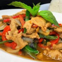 Pad Bi Kra Prow (Basil) · Wok seared chili peppers with thai basil, jalapenos, bell peppers, and white onionswok tosse...