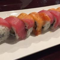 Asher Roll · Tempura shrimp, cream cheese topped with tuna and salmon.