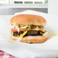 Cheeseburger · 100% fresh beef 1/4 lb. burger topped with American cheese, mustard, ketchup, relish, onion,...