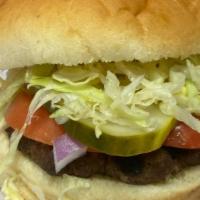 Hamburger · 100% fresh beef 1/4 lb. burger topped with mustard, ketchup, relish, onion, tomato, pickles ...