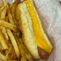 Cheese Dog · Comes with fresh cut french fries and melted cheddar cheese.