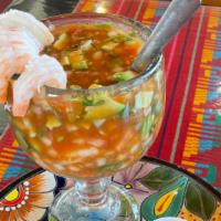 Coctel De Camarones · Mexican Shrimp Cocktail

Shrimp soup with diced onions, diced tomatoes, diced cucumber, cila...