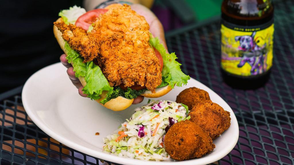 Chicken Po'Boy · Can be served blackened or grilled. Tender chicken breast fried golden brown and served on a baguette.