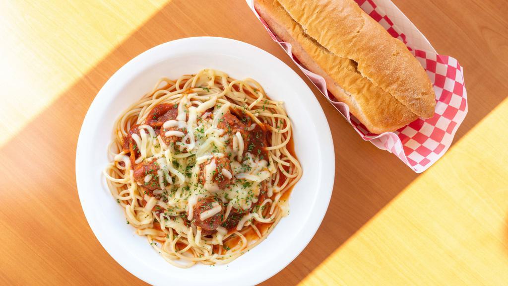 Spaghetti & Meatballs · With garlic bread.