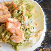 Camaron Agrietado · flour shell, jalapeño lime shrimp, cilantro rice, napa slaw, crack sauce.