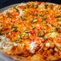Southern Bbq Chicken · 100% mozzarella, BBQ sauce, onions, grilled marinated chicken, jalapeños, tomatoes, and shre...