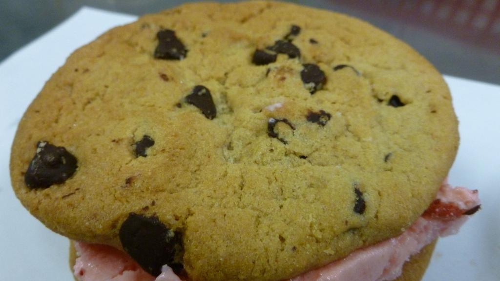 Ice Cream Sandwich · Your choice of vanilla, chocolate, or strawberry ice cream between two freshly baked chocolate chip cookies.