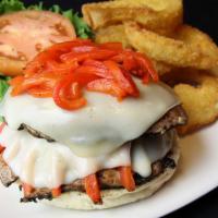 Portobello Sandwich · Portobello caps layered with roasted red peppers and provolone cheese served with our roaste...