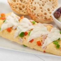Smoked Turkey Omelette · Egg whites or egg substitute smoked turkey tomatoes bell peppers swiss cheese fresh fruit dr...