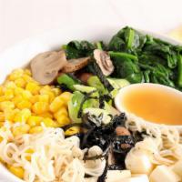 Miso Ramen (Vegetarian) · Corn, bean sprout, menma, Napa cabbage, crush garlic, scallion, sesame seed, seaweed flake, ...