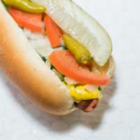 Photos Original Hotdog · All beef Chicago style hot dog. Served with mustard, relish, onion, tomato, celery salt, pic...