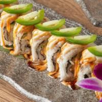 Bash Signature Roll · Formerly the white dragon roll. Shrimp tempura, crab salad, avocado, and cucumber topped wit...