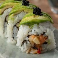 Caterpillar Roll · Spicy tuna and cucumber. Topped with avocado and fly fish eggs.