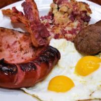 Indy 500'S Combo Meal · 2 Sausage Patties, 2 Slice of Bacon, 1 Slice of Ham, 1 Smoked Sausage, Corned Beef Hash and ...