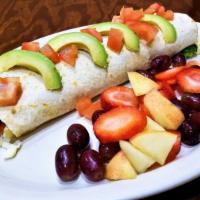 Healthy Breakfast Burrito · Egg Whites cooked with Mushrooms, Bell peppers, Onions, Sautéed Fresh Spinach, Broccoli & Ch...