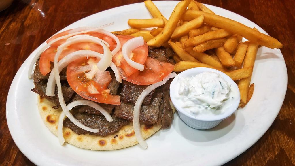 Gyro Pita · Gyro meat, onions, tomatoes and a side of our tzatziki sauce.
