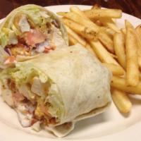 Chicken & Bacon Wrap · Chicken, (grilled or crispy fried) with bacon, lettuce, tomatoes, onions, shredded cheese an...