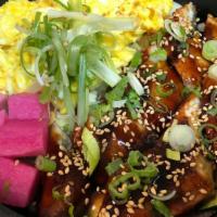 Eel Over Rice / 장어덮밥 · Rice topped with eel, scrambled egg, scallions, ginger, radish, zucchini, with eel sauce