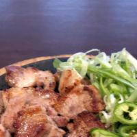 Hand-Cut Pork Shoulder Wrap / 목삽겹살쌈 · Thin sliced pork shoulder grilled with serrano pepper, garlic, lettuce, sesame oil, warp sauce