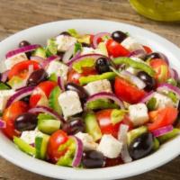 Greek Salad · Mixed greens, tomato, cucumber, green peppers, red onion, pepperoncini, black olives and fet...