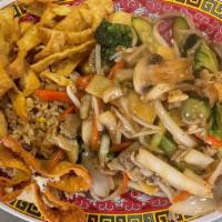 Chicken Chow Mein · Single size. served with rice and fried crispy noodles.