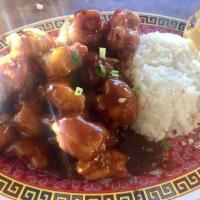 Peanut Butter Chicken · Breaded white meat chicken with green onions.