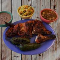 Half Chicken Plus 2 Side Orders · Grill charcoal chicken. Includes rice . bean (refried or charros) salsa, onions, peppers  an...