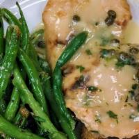 Pollo Limone · Pan-roasted chicken breast with lemon-caper sauce, accompanied by roasted garlic potatoes & ...