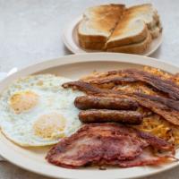 Redford Breakfast Special · Two large eggs ( any style), two slice of bacon, two pieces of sausages, slice of ham, hasbr...
