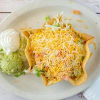 Taco Salad Lunch · Crispy flour tortilla shell with choice of shredded chicken, shredded beef, or ground beef. ...