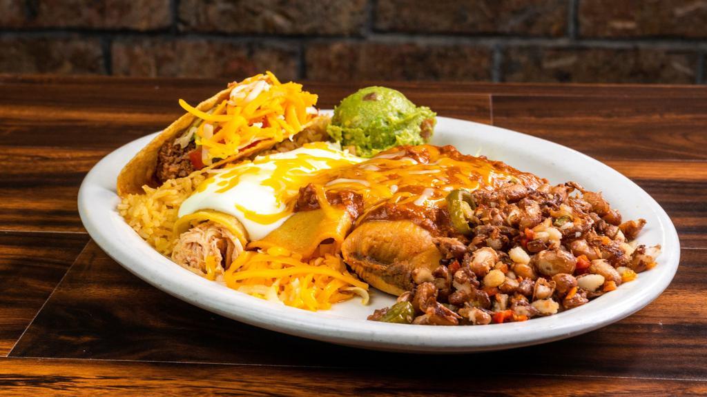 Chelino'S Special Mex. · Fan Favorites. One chicken enchilada with sour cream sauce, one cheese and onion enchilada with chili sauce, one chicken or beef tamale, and a crispy or soft shredded chicken or beef (ground or shredded) taco. Served with guacamole.