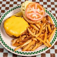 Cheeseburger · 9oz sirloin patty with American cheese, lettuce, and tomato. Served with fries.