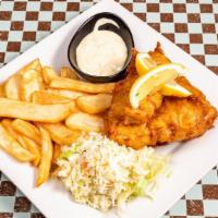 Guinness Fish & Chips · Cod dipped in a Guinness batter and fried golden brown. Served with fries, coleslaw, and hom...