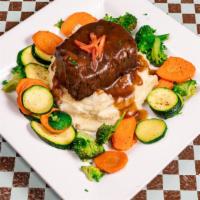 Beef Short Rib · Braised short rib in a shiraz sauce. Served with mashed potatoes and mixed vegetables.