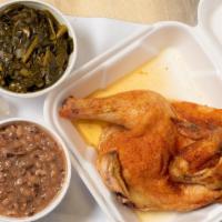 Baked Chicken Dinner (1/4) W/ Sides (2) And Cornbread · 1/4 baked chicken with choice of 2 sides and a slice of cornbread. Please choose white or da...